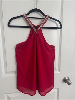 Red Beaded Strap Halter Top